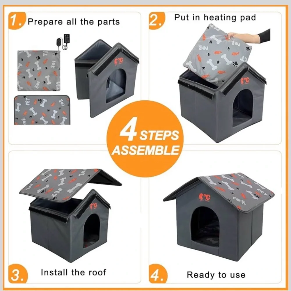 GeerDuo Heated Cat House Electric Gray Orange 16in x 16in Warm Portable Travel